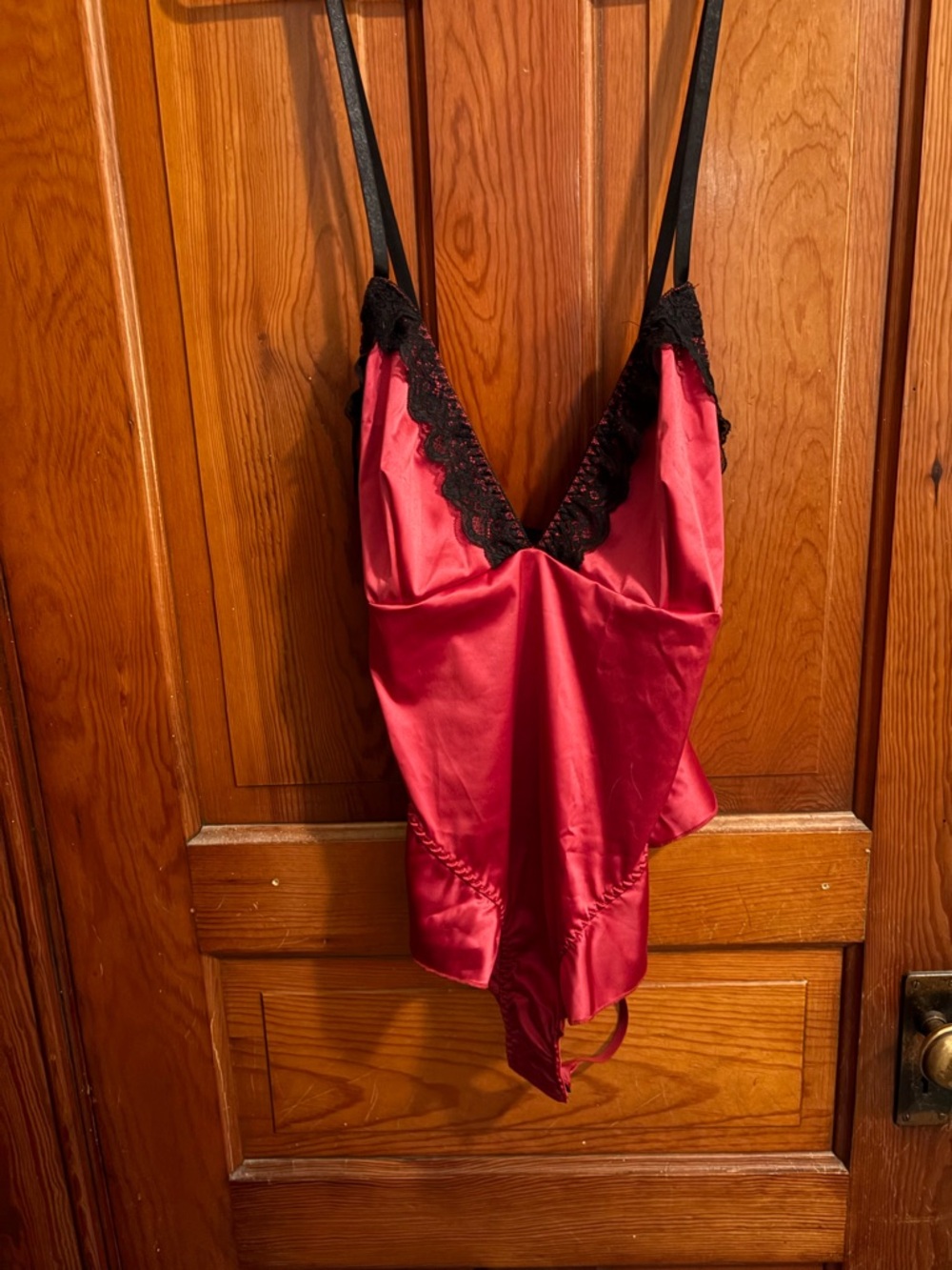 Vintage Red Satin Chemise with Black Lace Trim